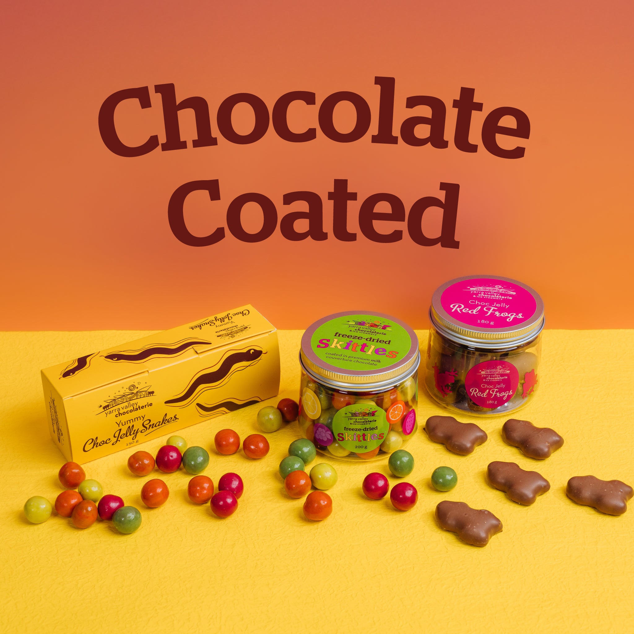 Chocolate coated range showing Skittles, Red frogs and choc jelly snakes