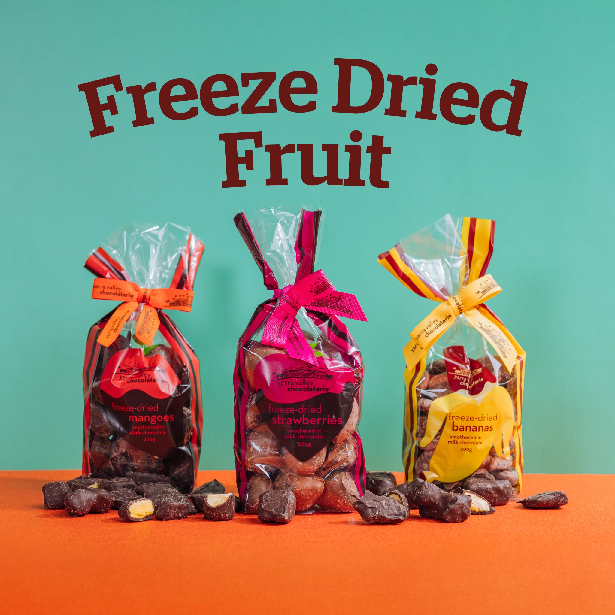 Freeze Dried Fruit Collection showing 3 varieties of chocolate coated mangoes, strawberries and bananas